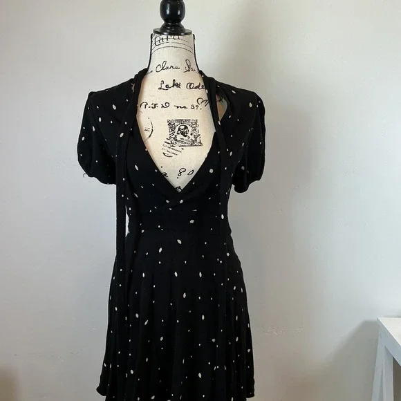 Free People Mini Dress Polka Dot Tie Neck Short Sleeve Black S - Picture 3 of 7